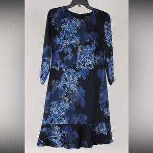 Banana Republic Womens Dress 6 Blue Black Floral A Line Lined 3/4 Sleeve